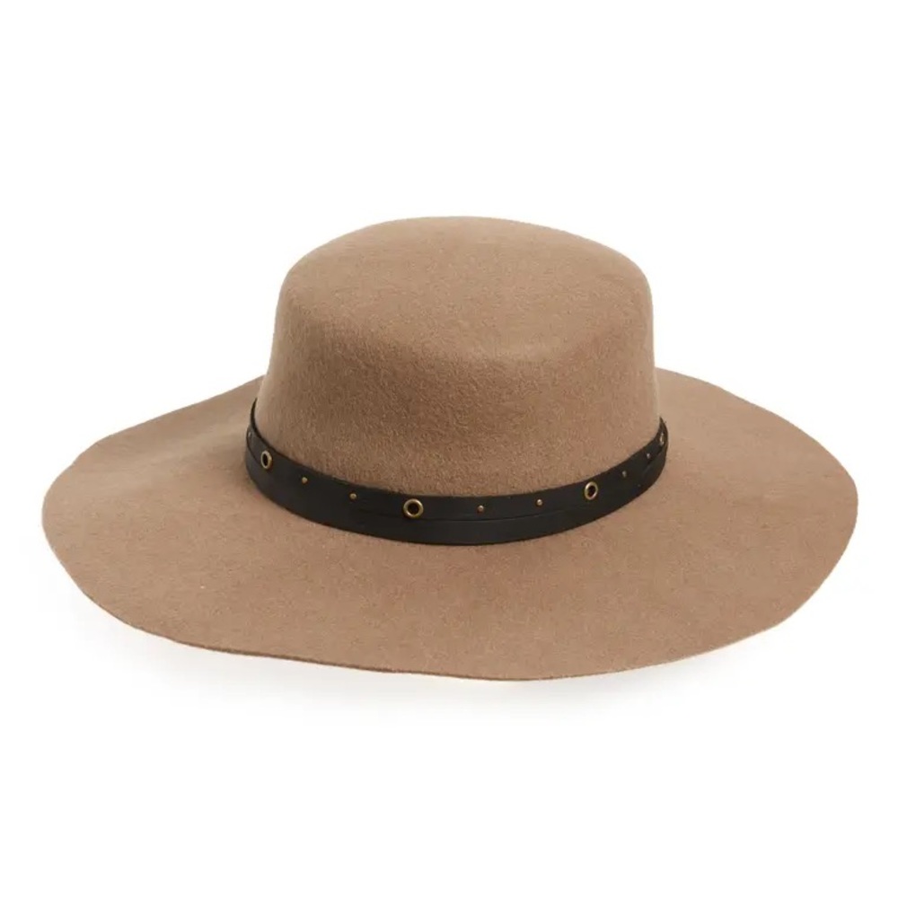Frye Tan Wide Brim Wool Fedora with Black Studded Band